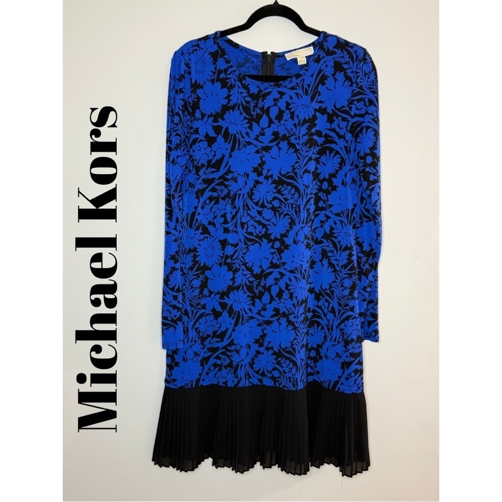 Michael Kors Blue Black Floral Pleated Hem Long Sleeve Dress Cocktail & Evening